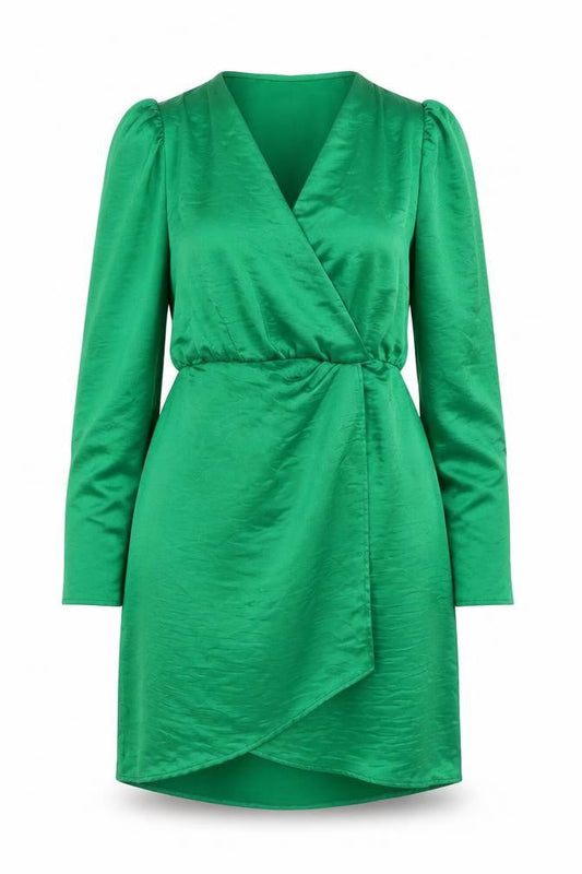 VILA Women’s Green Wrap Dress Size 14 Satin Party Long Sleeve