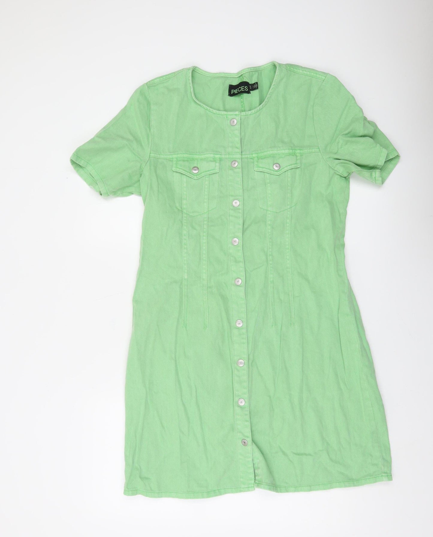 Pieces Women Green Cotton Shirt Dress M Short Sleeve Casual