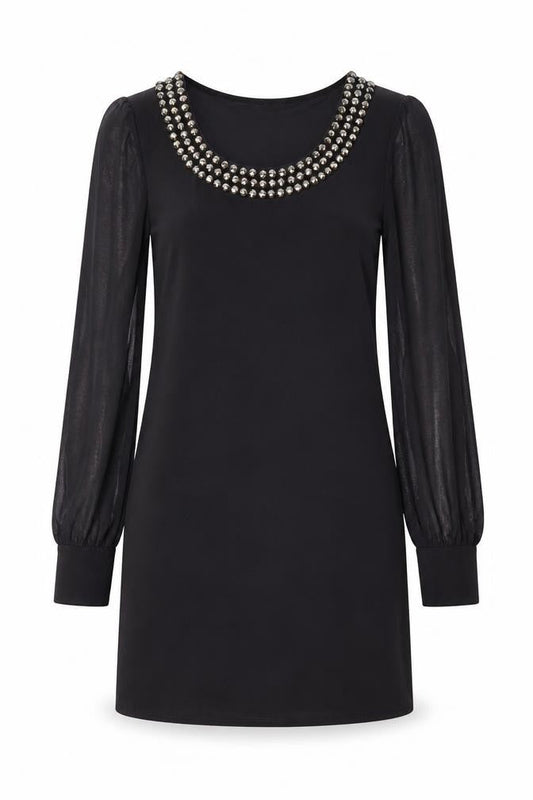 Wallis Women’s Black Beaded Neck Shift Dress Size 8 Long Sleeve