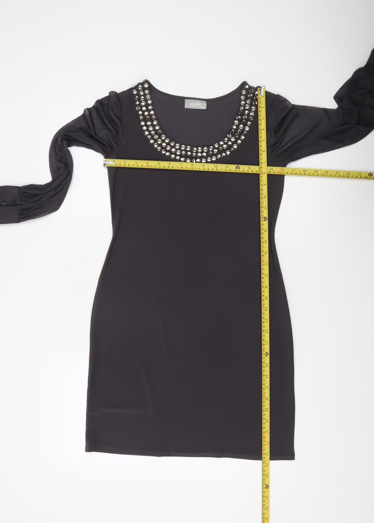Wallis Women’s Black Beaded Neck Shift Dress Size 8 Long Sleeve
