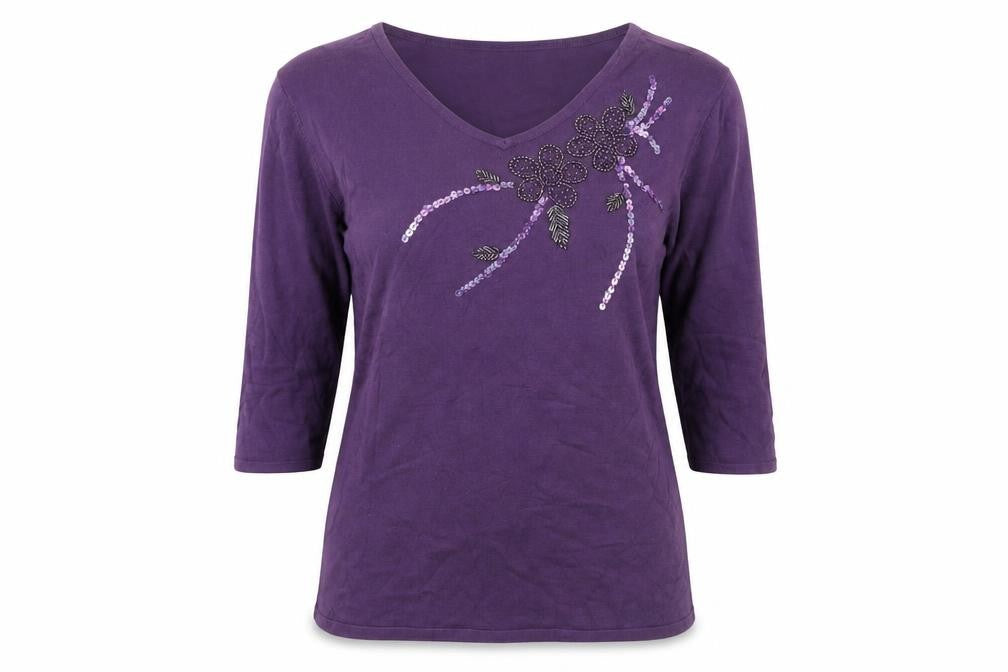 Anna Rose Women's Purple Embellished V-Neck 3/4 Sleeve Pullover Jumper S