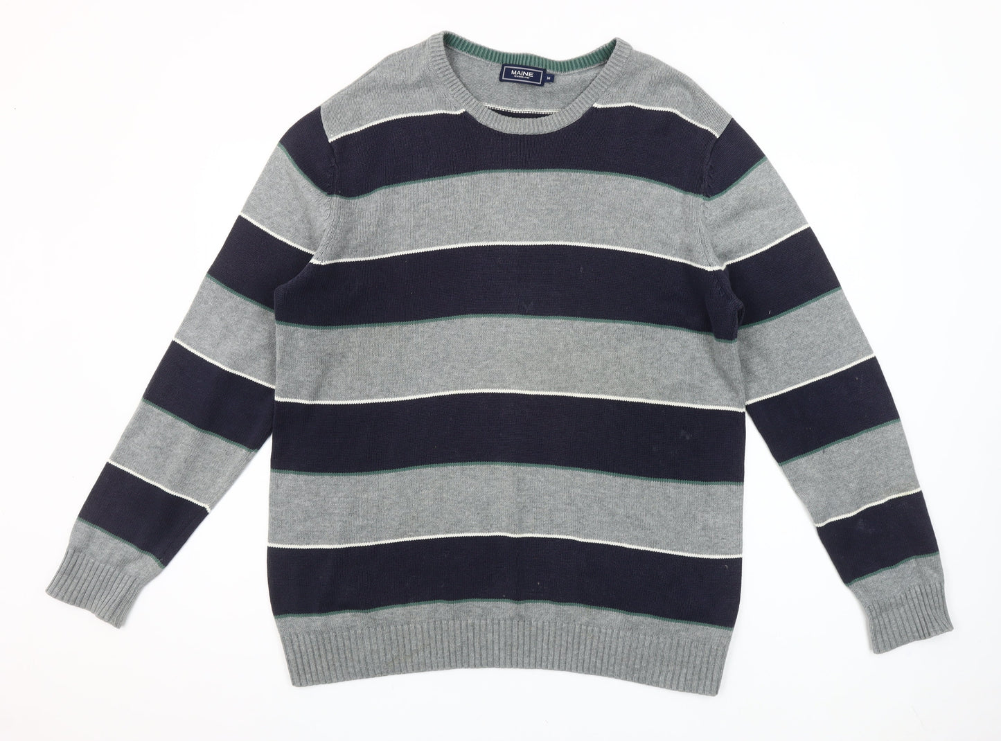 Maine New England Men's Grey Striped Cotton Crew Neck Jumper M