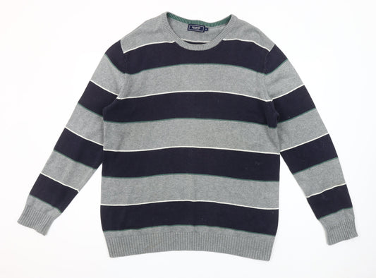 Maine New England Men's Grey Striped Cotton Crew Neck Jumper M