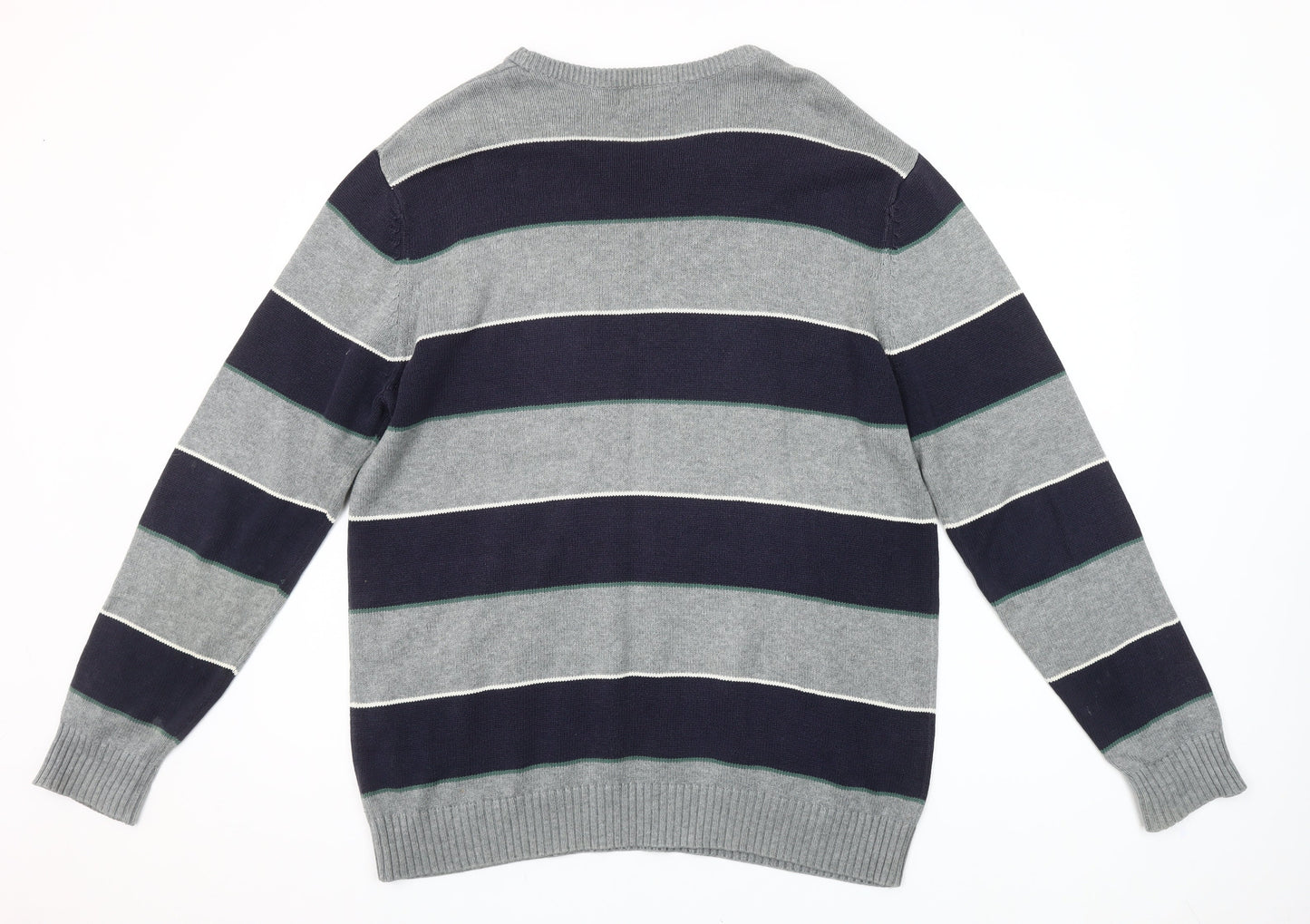 Maine New England Men's Grey Striped Cotton Crew Neck Jumper M