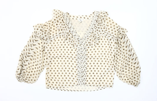 River Island Women Beige Polka Dot Ruffle Chiffon Blouse Size 10