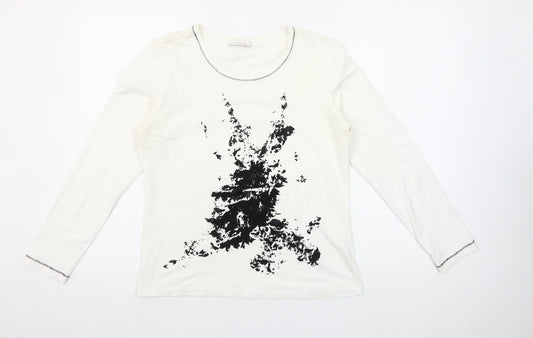 Hirsch Women White Long Sleeve Cotton Stretch Graphic T-Shirt Size L