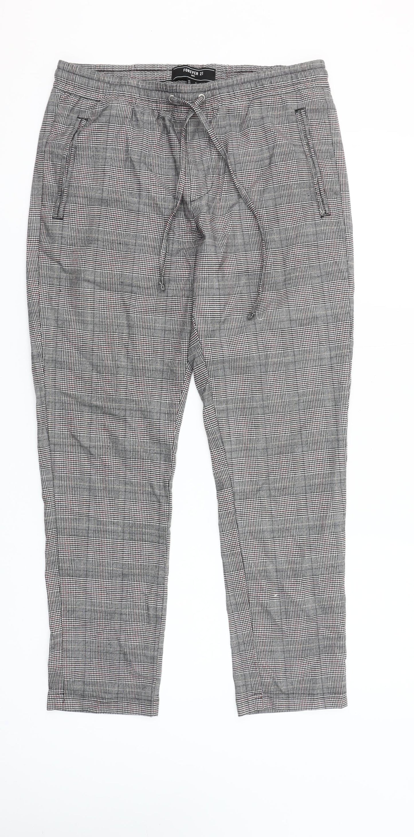 Forever 21 Grey Check Chino Trousers Unisex Size S Drawstring Waist