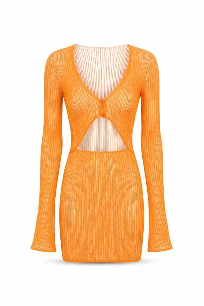 PRETTYLITTLETHING Women’s Orange XS Bodycon Mini Dress Long Sleeve V-Neck