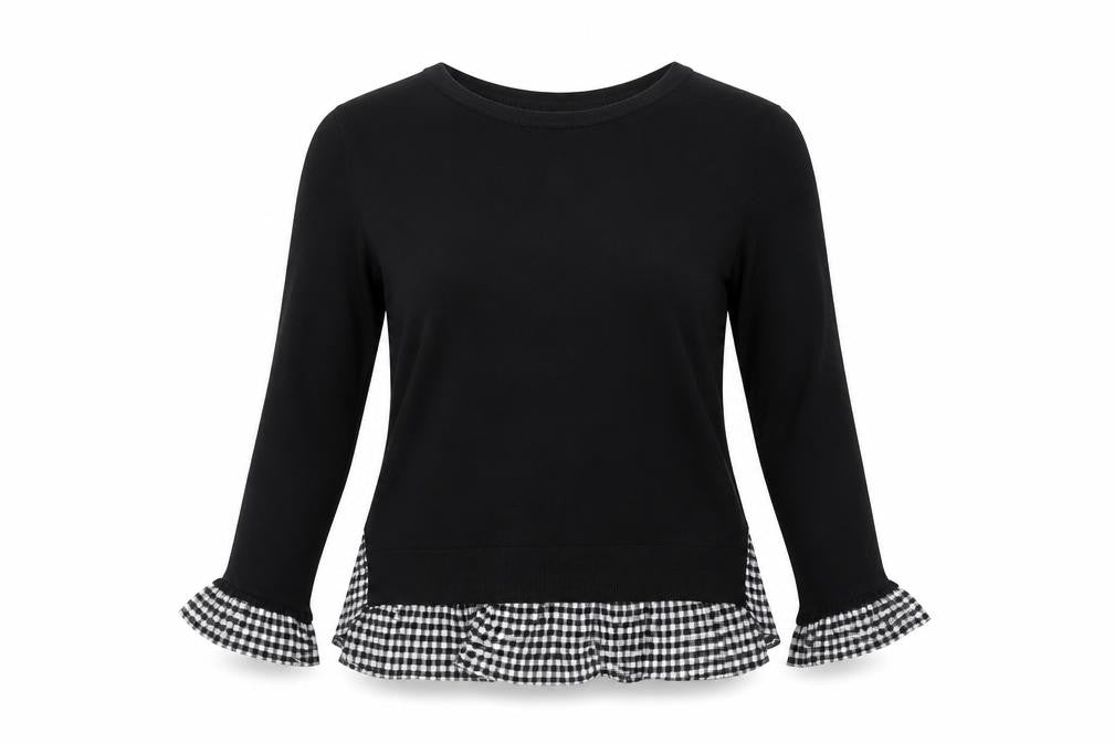 Topshop Women's Black Check Trim Long Sleeve Pullover Jumper Size 6