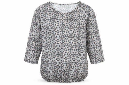 Front view of St. Bernard for Dunnes Women’s Grey Geometric 3/4 Sleeve Blouse, size UK 12