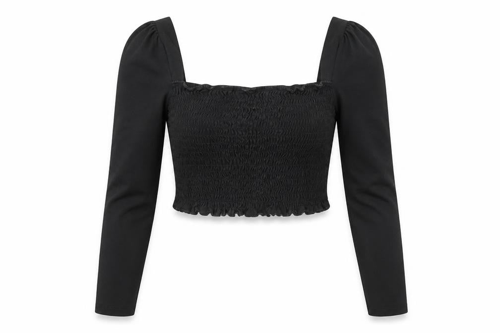 Topshop Women's Black Cropped Long Sleeve Smocked Blouse UK 10