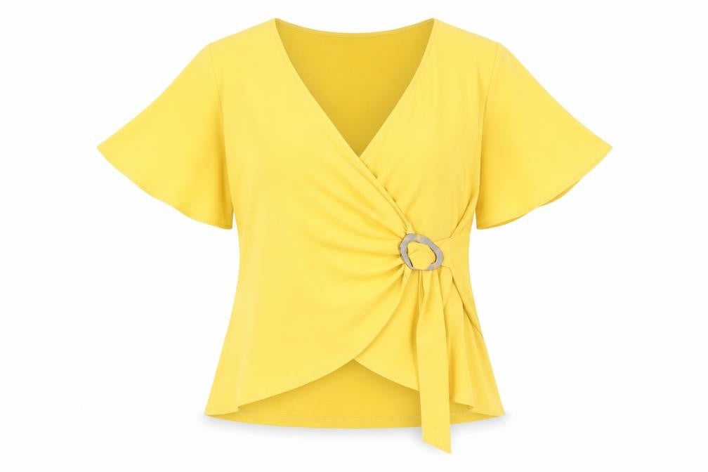 Dunnes Women's Yellow Wrap Blouse Short Sleeve Size S
