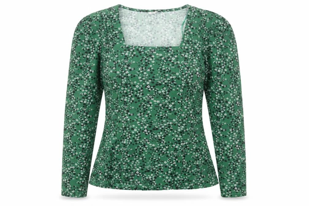 Natura Women’s Green Floral Long Sleeve Square Neck Blouse Size S