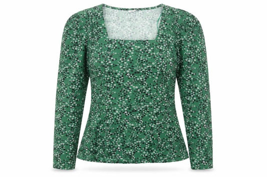 Natura Women’s Green Floral Long Sleeve Square Neck Blouse Size S