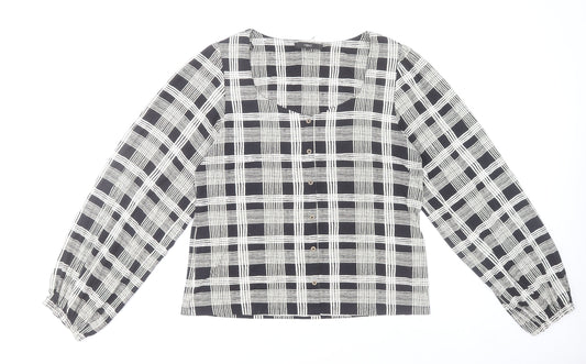 Next Womens Black Check Long Sleeve Relaxed Blouse Size 14