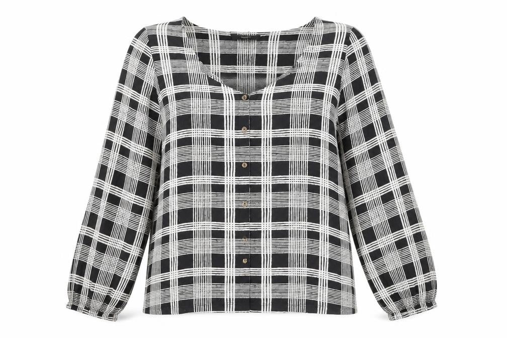 Next Womens Black Check Long Sleeve Relaxed Blouse Size 14