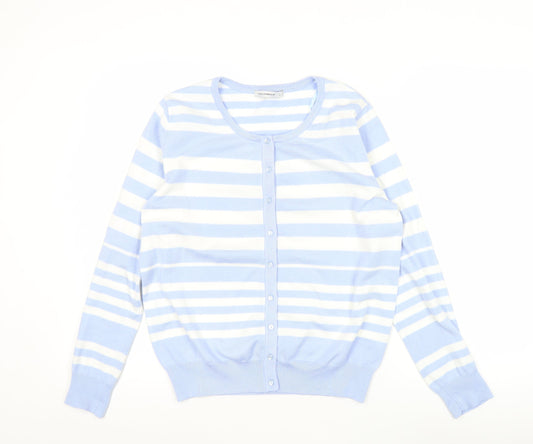 FULLCIRCLE Women Blue Striped Cardigan L Lightweight Knit