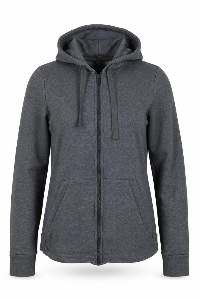 Front view of Adidas women’s grey full zip hooded basic jacket, size UK 12-14