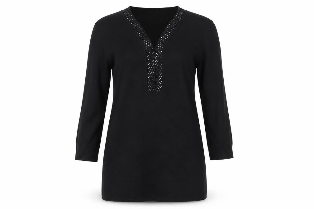 Frank Saul’s Black Beaded Tunic Top Medium 3/4 Sleeve