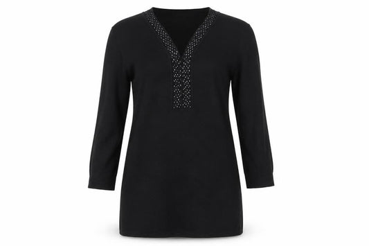 Front view of Frank Saul’s Black Beaded Tunic Top Medium 3/4 Sleeve