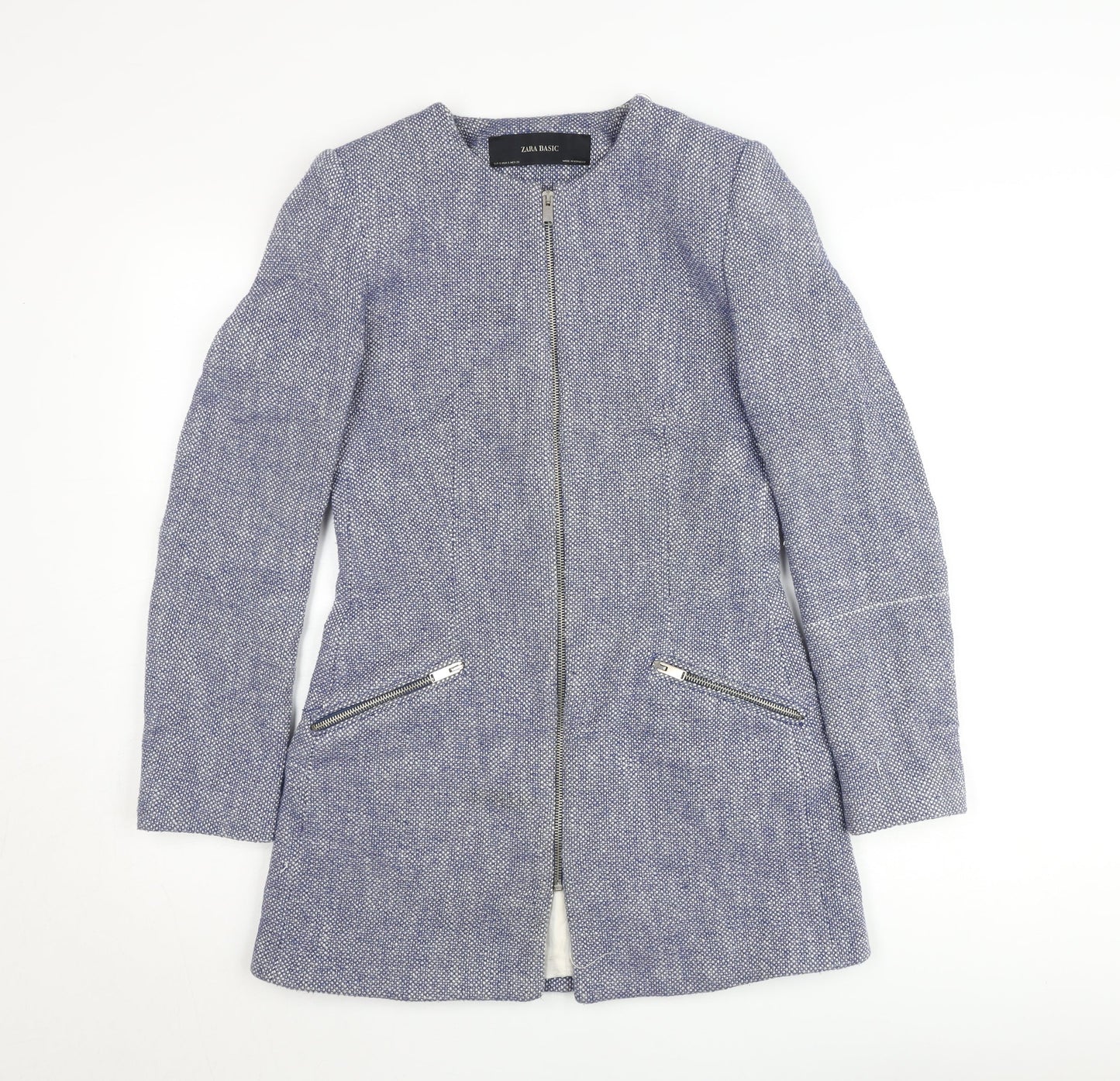 Zara Basic Women's Blue Mid-Length Zip Tweed Jacket Size S