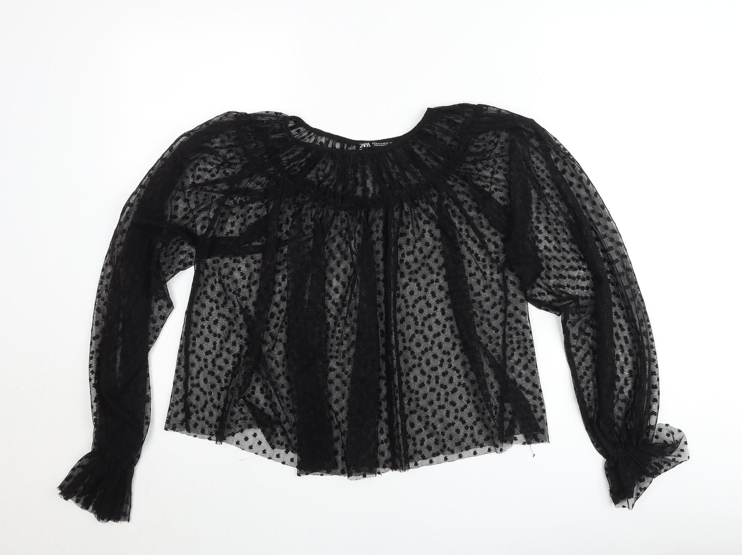 Zara Women Black Polka Dot Sheer Tunic Blouse Size 12