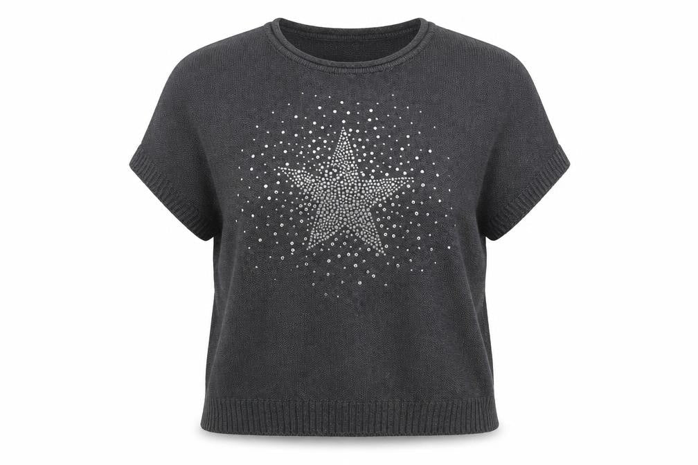 Twist Womens Grey Rhinestone Star Short Sleeve Pullover Jumper Size 14