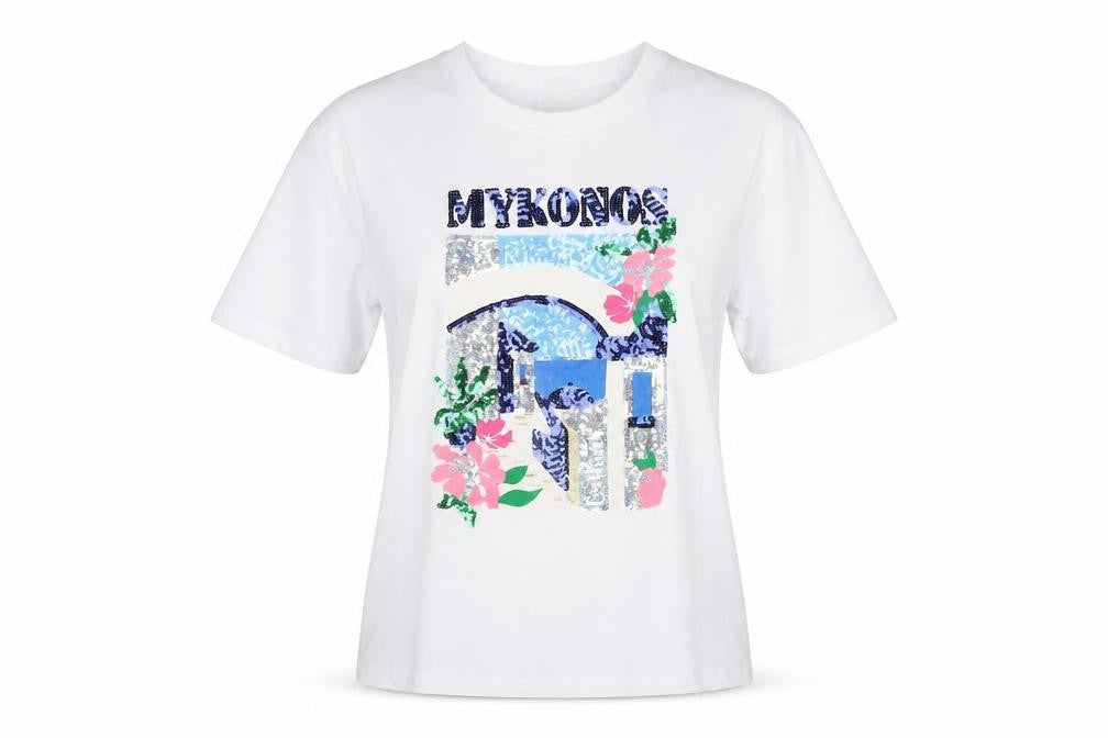 Savida Women White Sequin Mykonos Print T-Shirt XS
