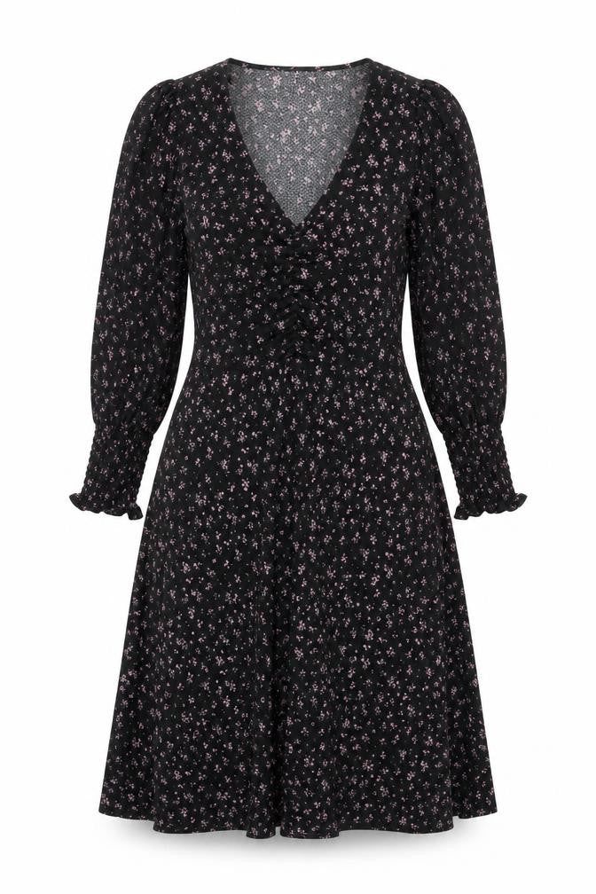 Savida Women's Black Floral A-Line Dress Size 12 Long Sleeve V-Neck