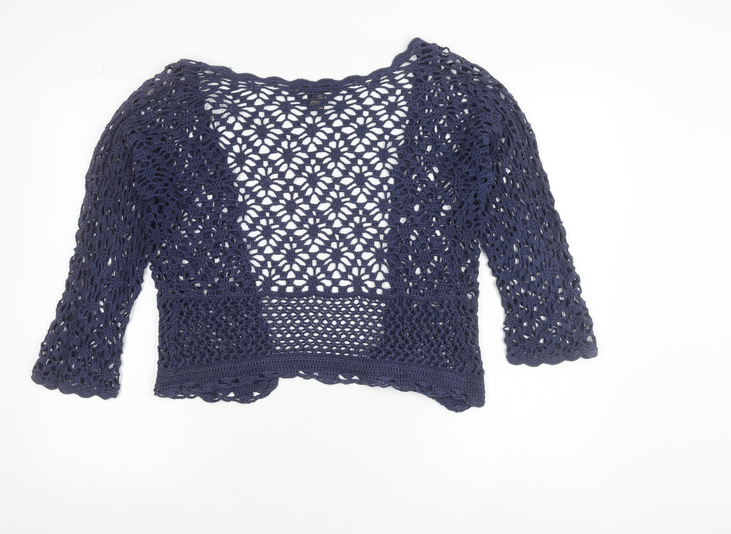 LINK Women’s Blue Crochet Open Cardigan S 3/4 Sleeve Cotton Knit