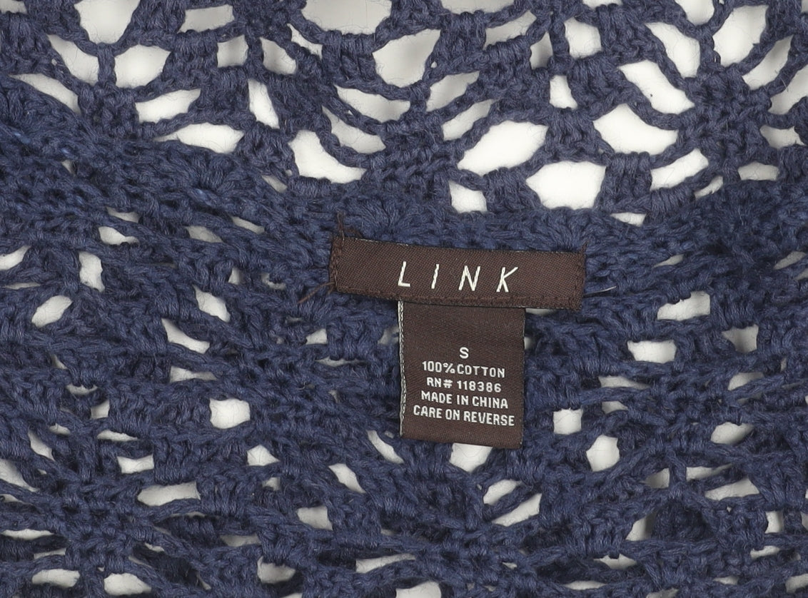 LINK Women’s Blue Crochet Open Cardigan S 3/4 Sleeve Cotton Knit