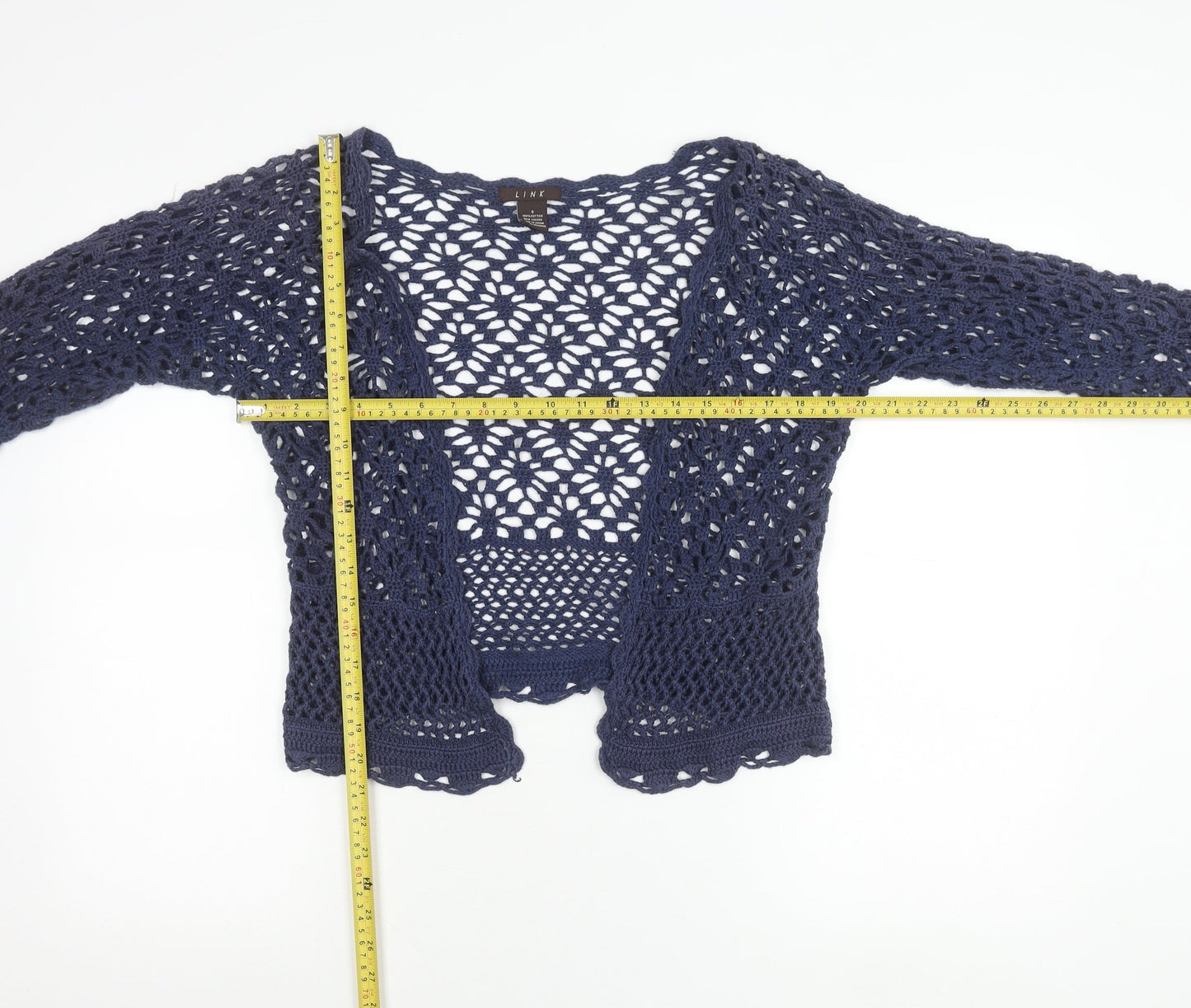 LINK Women’s Blue Crochet Open Cardigan S 3/4 Sleeve Cotton Knit