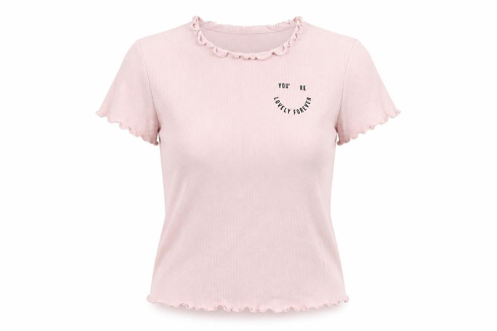 Bershka Women's Pink Ruffle Hem Slim Fit Cotton T-Shirt Size L