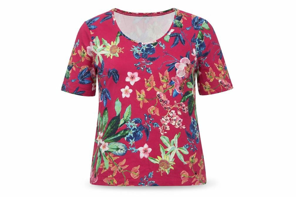 Olsen Women Floral Pink Short Sleeve T-Shirt Size 12 Cotton Blend