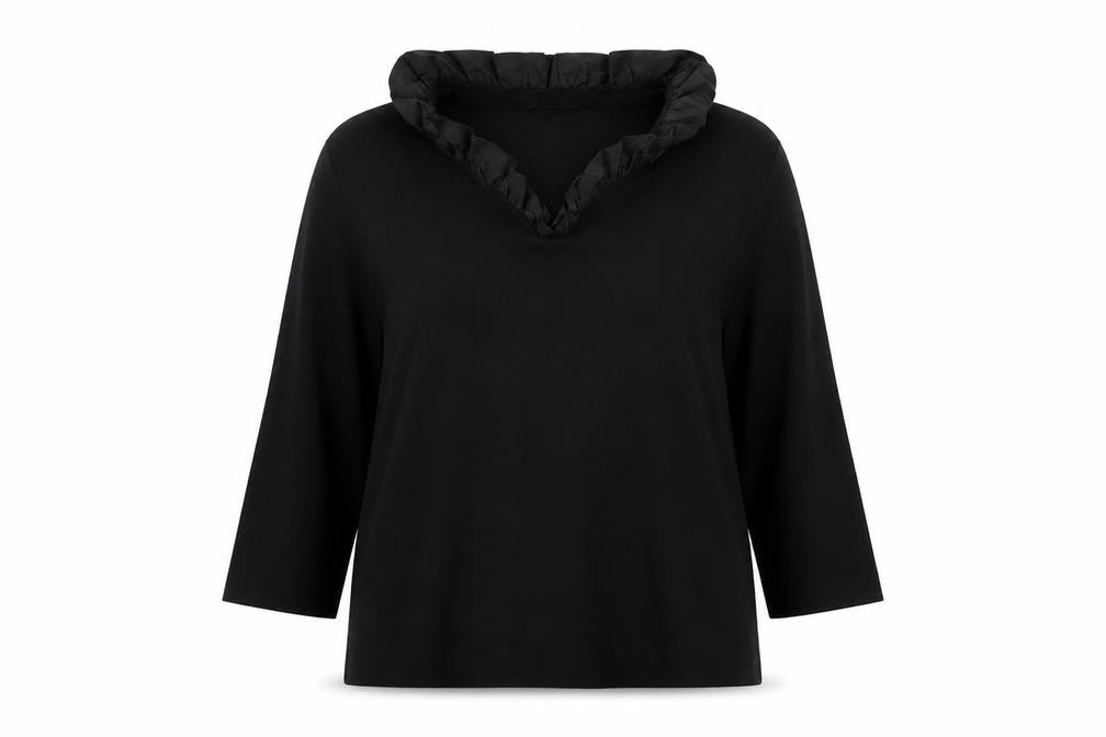 Cassani Women’s Black Tunic Blouse Size 16 Ruffle V-Neck 3/4 Sleeve