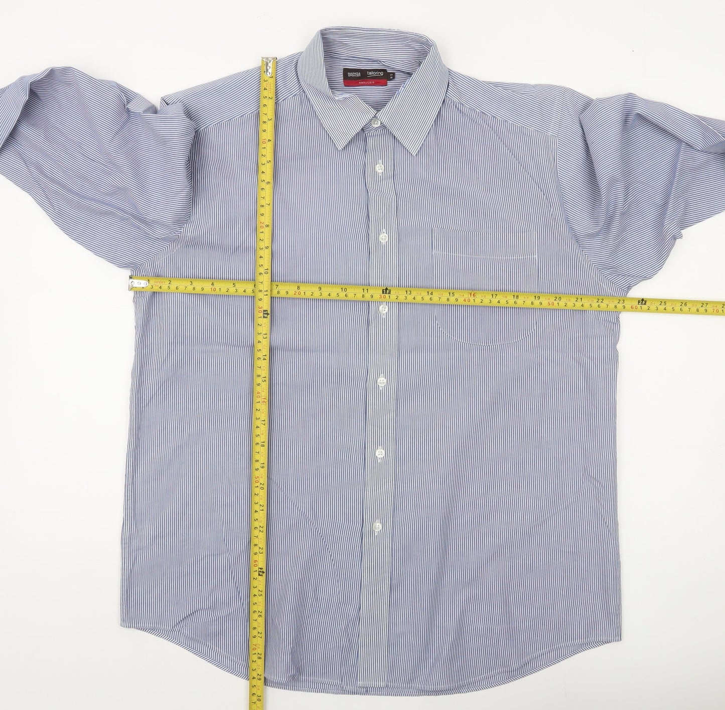 Marks and Spencer Mens Blue Striped Long Sleeve Classic Fit Shirt 16
