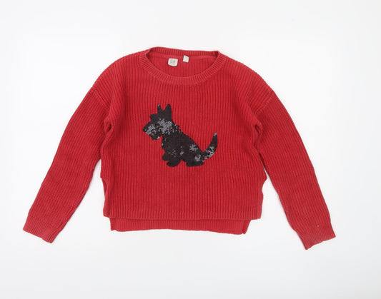 Preloved GAP Kids Girls Red Sequin Dog Cotton Jumper 10-11 Years Pullover - Front