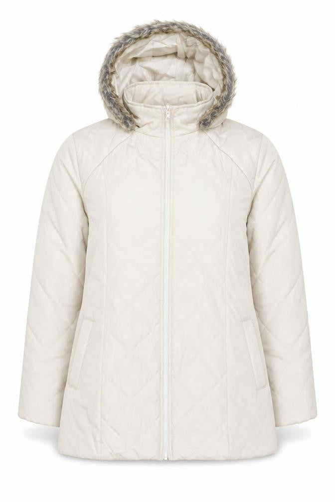 Front view of Anne de Lançay Women Beige Hooded Quilted Puffer Coat M