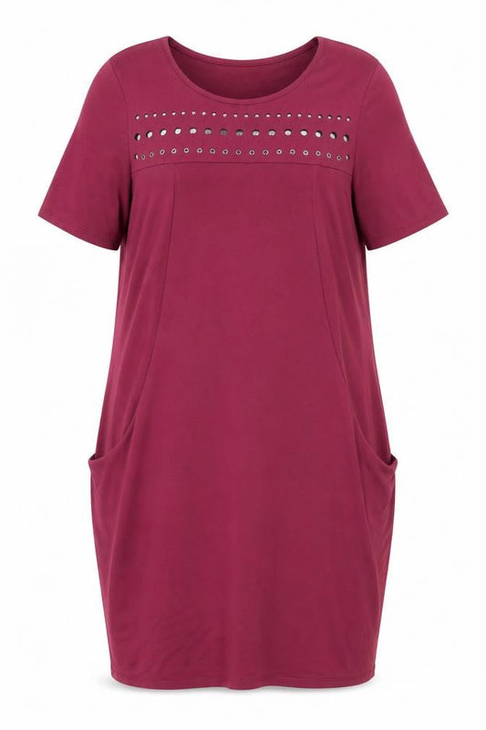 Roman Women’s Purple Studded Shift Dress Size 14 Short Sleeve Knee Length