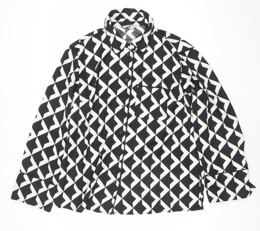 H&M Womens Black Geometric Button-Up Shirt Size M Long Sleeve Polyester