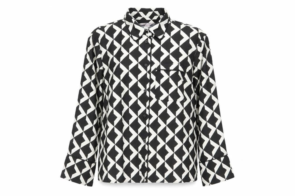 H&M Womens Black Geometric Button-Up Shirt Size M Long Sleeve Polyester