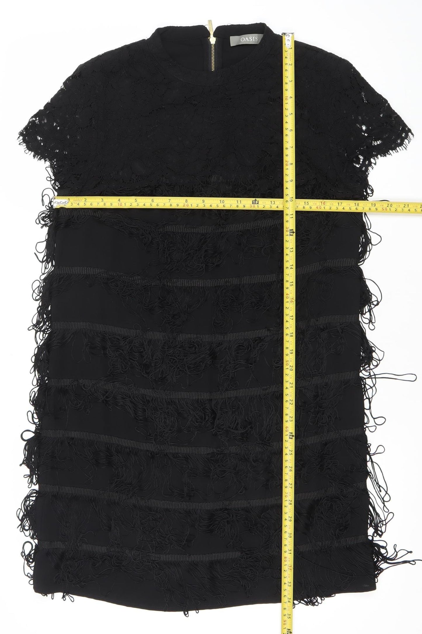 Oasis Women’s Black Lace Fringe Short Sleeve Shift Dress UK 12