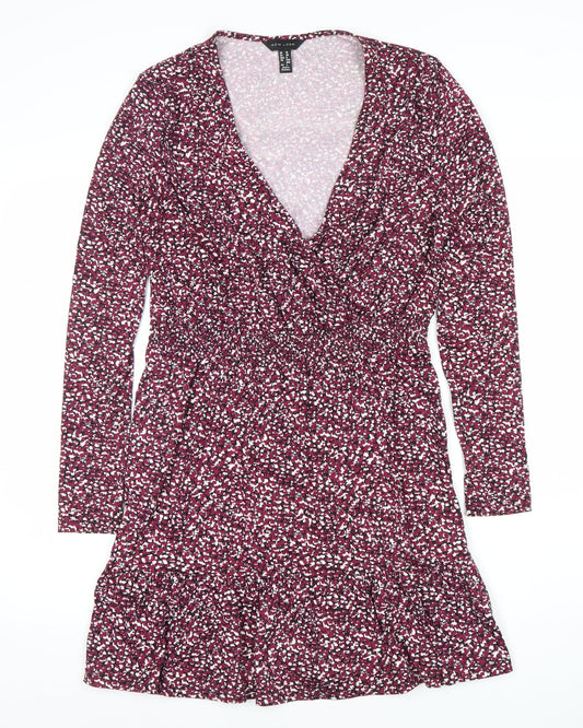 New Look Women’s Red Floral Long Sleeve Wrap Mini Dress Size 10