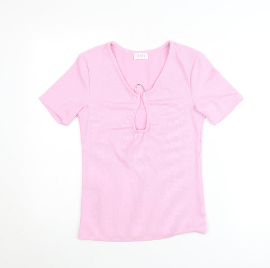 Savida Women’s Pink V-Neck Keyhole Short Sleeve Fitted T-Shirt Size 10