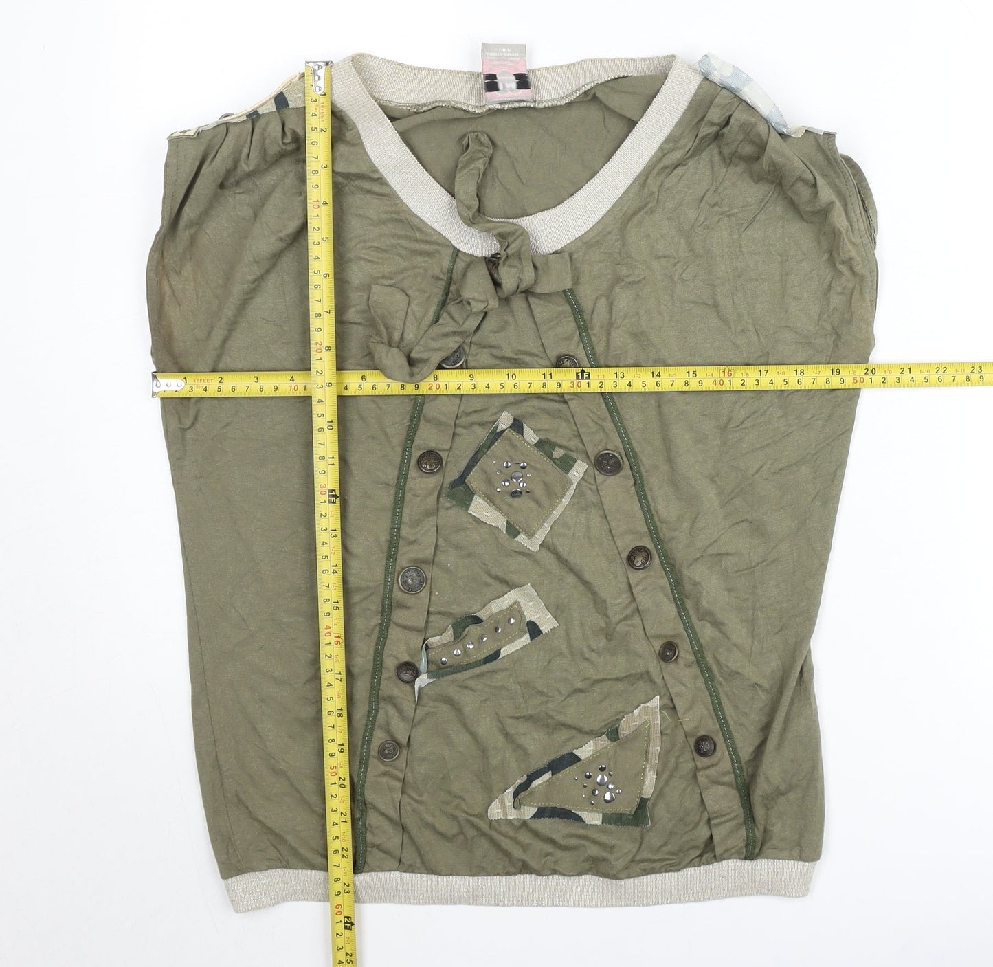 LM Lulu Paris Women's Green Embellished Short Sleeve Casual Top M