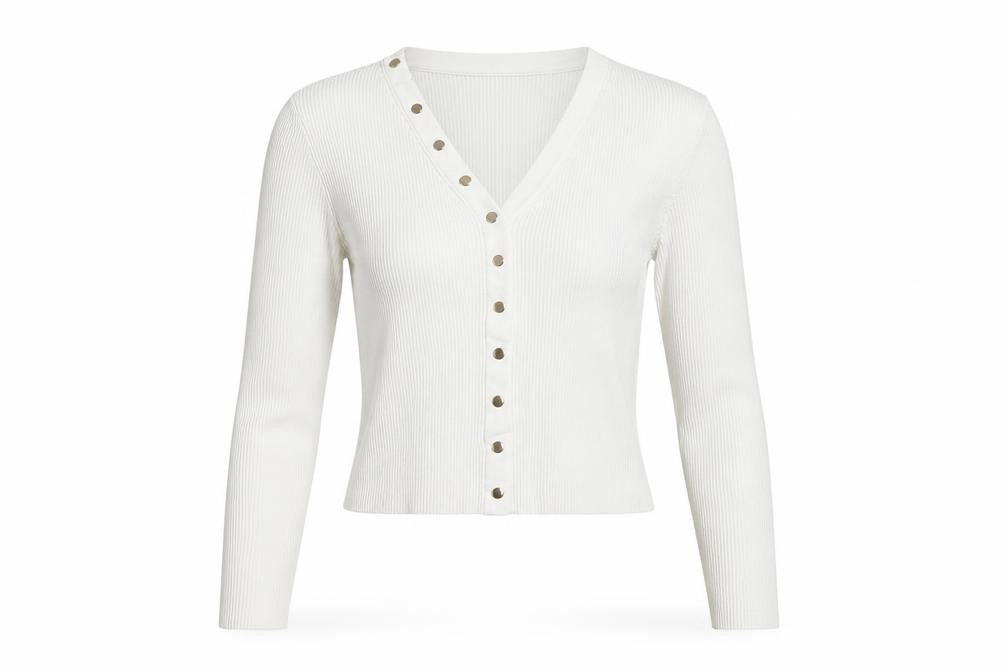 Zara Women White Ribbed Button-Up Cropped Knit Top Size L