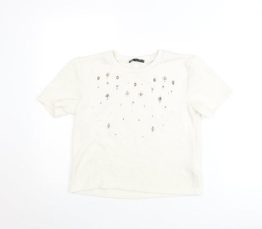 Zara Women Ivory Embellished Short Sleeve Cotton T-Shirt Size 12