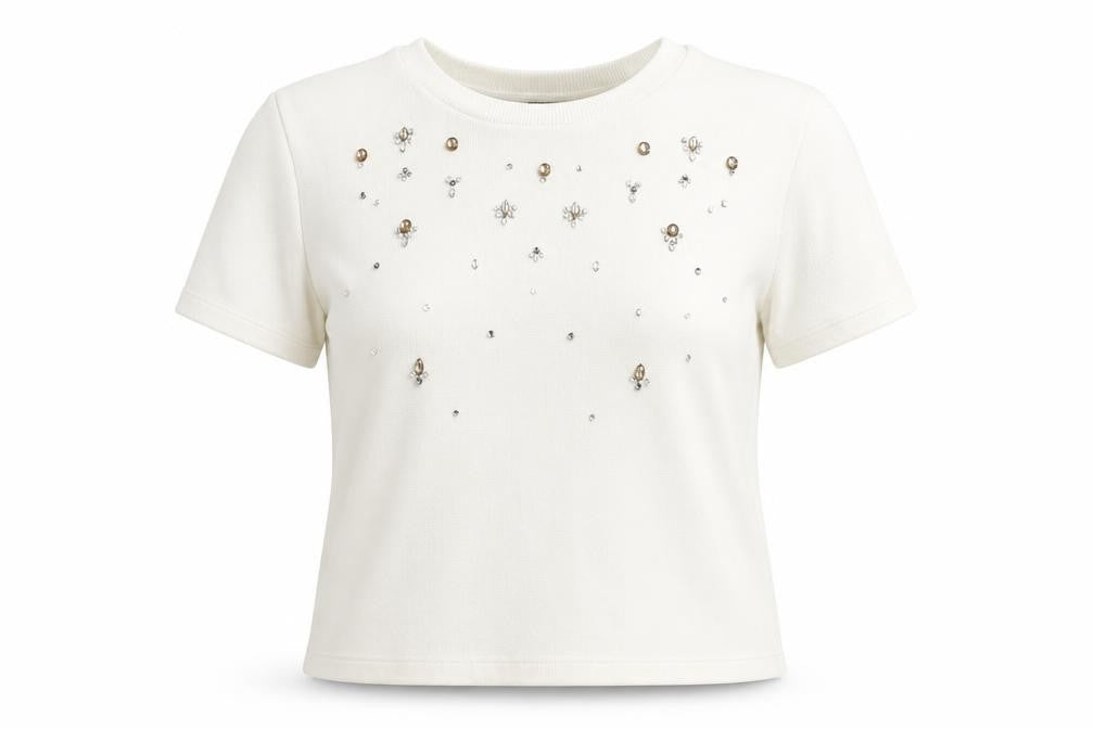 Zara Women Ivory Embellished Short Sleeve Cotton T-Shirt Size 12