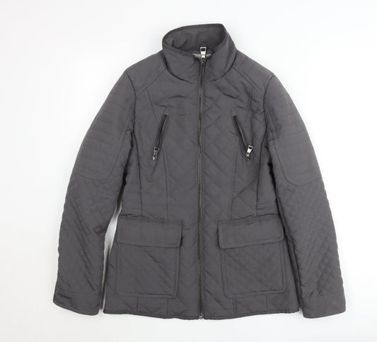 Next Women’s Grey Quilted Mid-Length Jacket Size 8 Lined Zip Casual