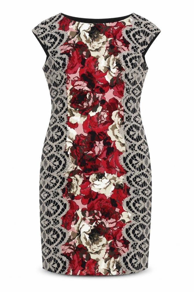 London Times Women's Red Floral Sheath Dress Size 16 Elegant Knee Length